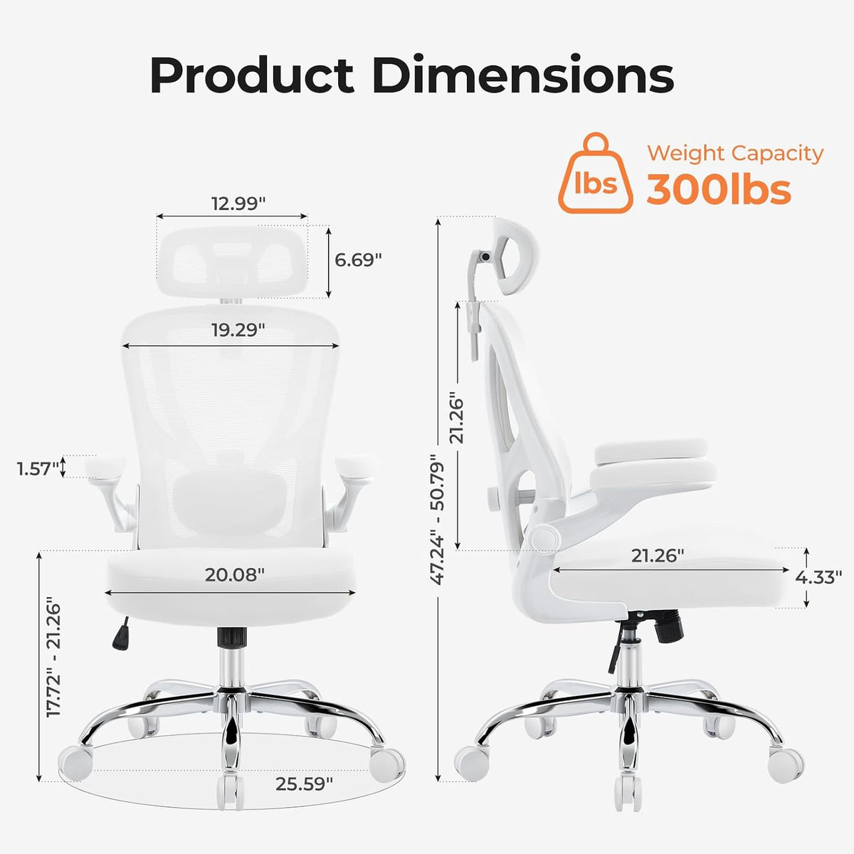 Office Chair Ergonomic Office Chair, Mesh Desk Chair, White, 1 PK